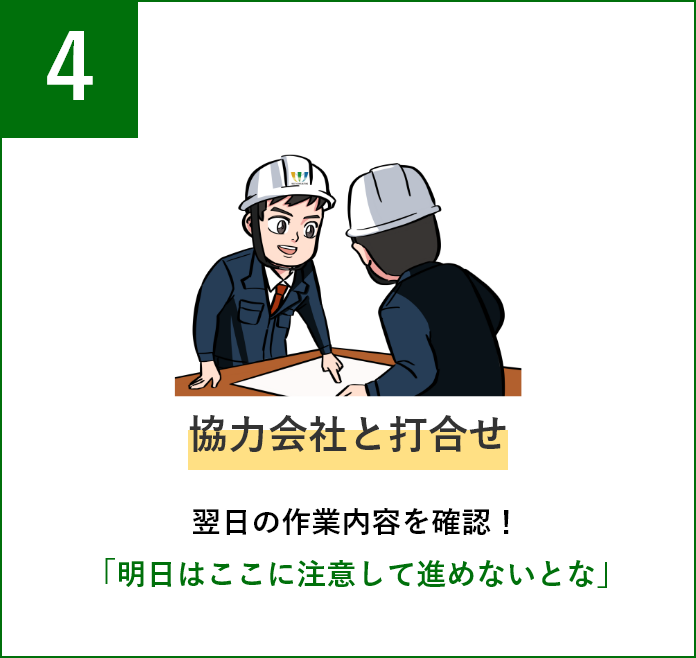 協力会社と打合せ 翌日の作業内容を確認！「よし、明日はここに注意して進めないとな」